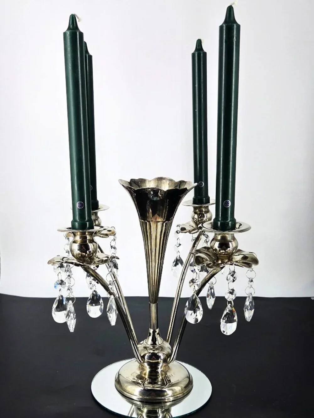 70s Silverplate Epergne 4 Arm Candelabra Trumpet Vase Crystals Japan Silversmith